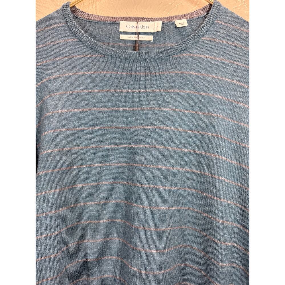 Calvin Klein Teal Extra Fine Merino Wool Sweater Mens‎ Striped Size Large NWT